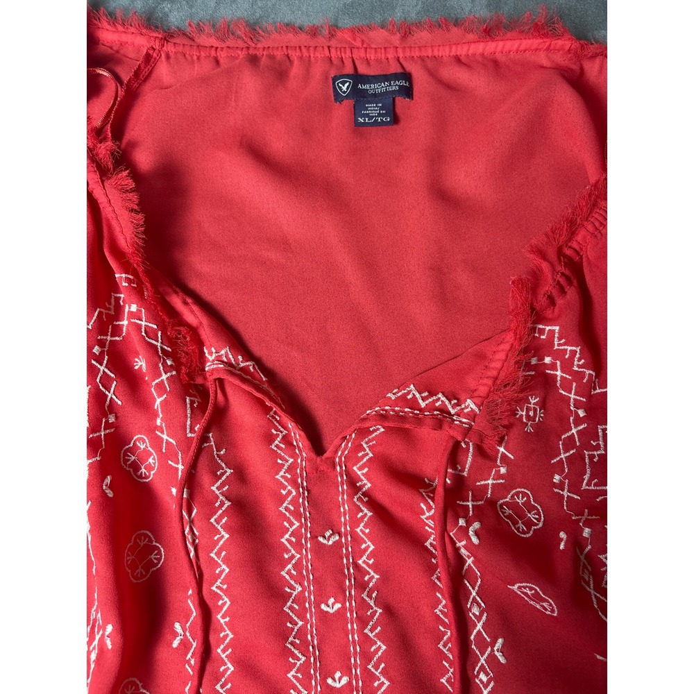 American Eagle Embroidered Peasant Blouse XL Boho Fringe Tie Neck Top